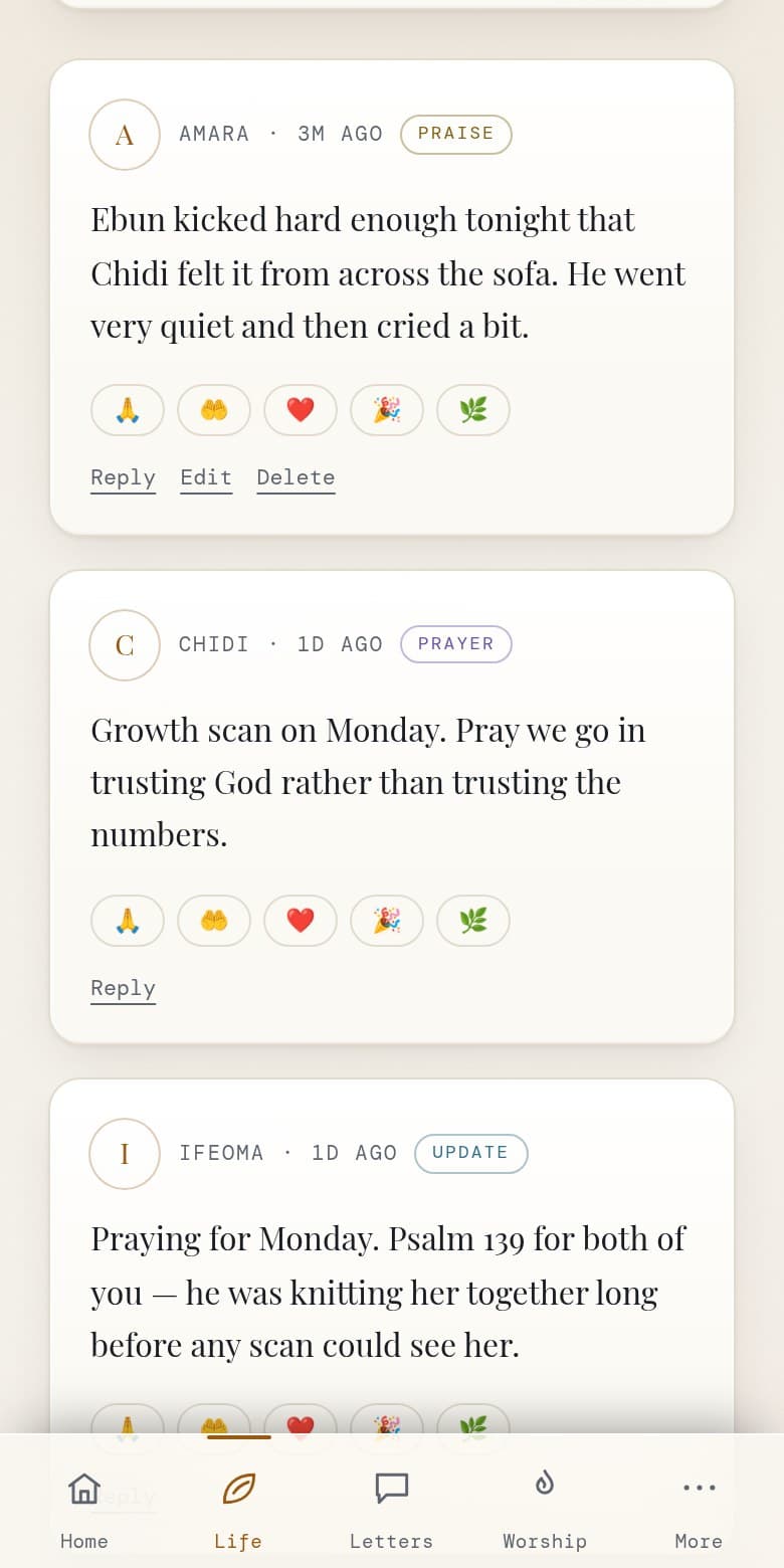 The family diary on a phone, showing three posts: a mother recording the baby kicking hard enough for her husband to feel it, a father asking for prayer before a growth scan, and a sister replying with Psalm 139.