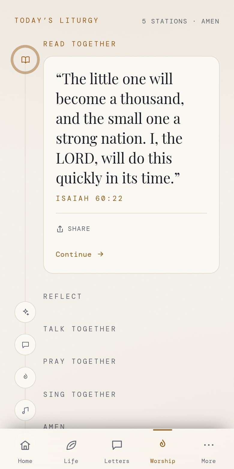The worship page on a phone, open at the first station: Isaiah 60:22 in large type — the little one will become a thousand — with the rest of the evening, reflect, talk together, pray, sing and amen, listed down the page.